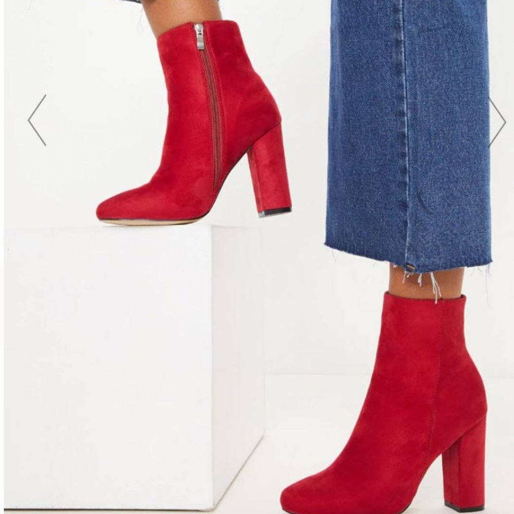Red Faux Suede Ankle Boots (Pretty Little Thing)